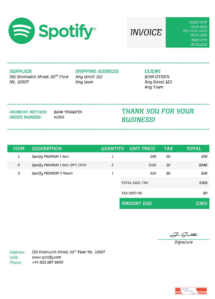 USA Spotify invoice PSD template